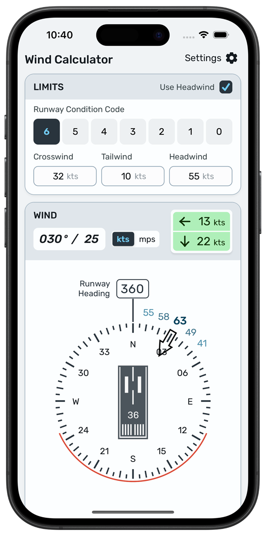 A mockup of an iPhone displaying the wind calculator app