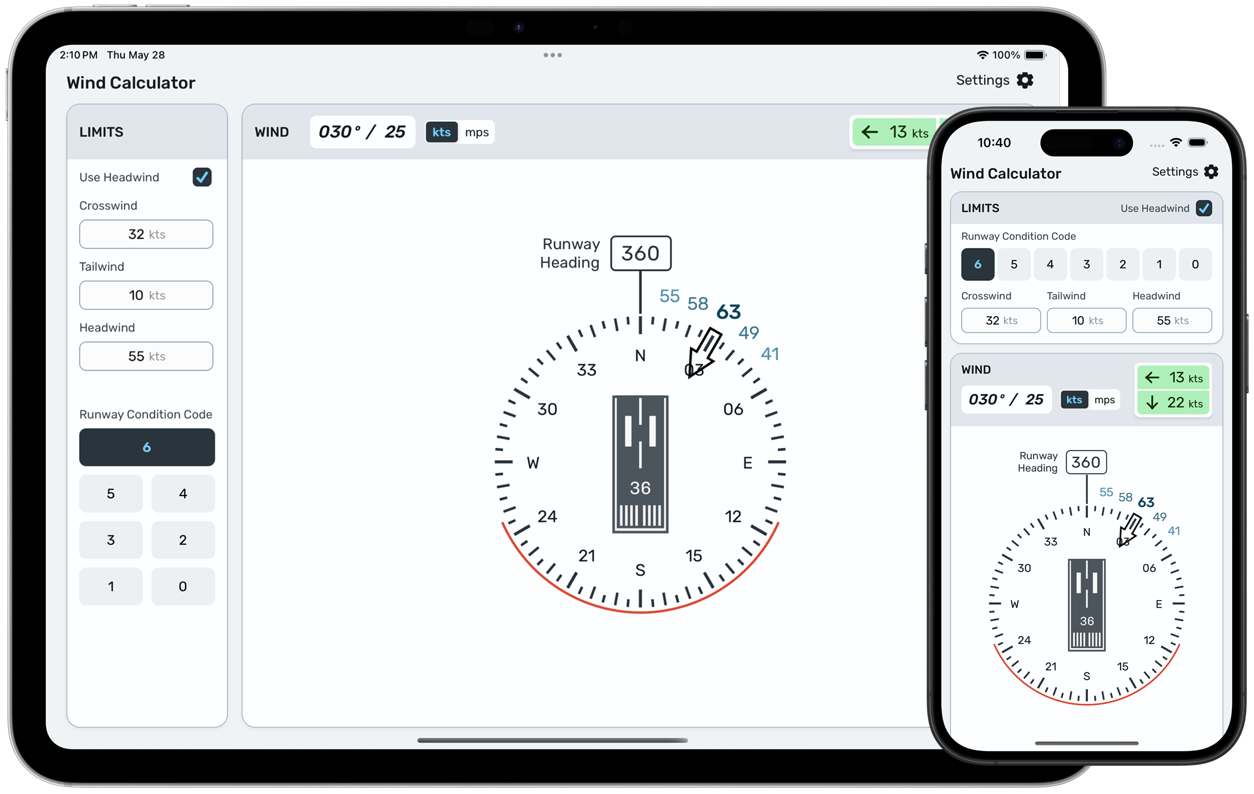A mockup of an iPad and iPhone displaying the wind calculator app